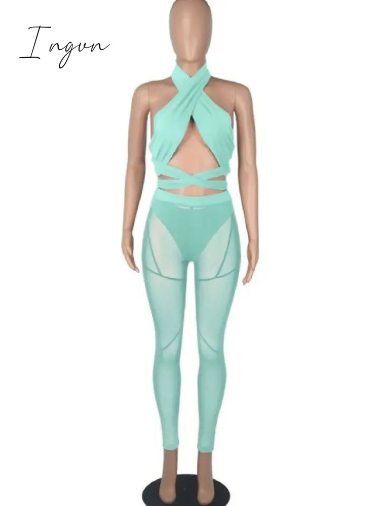 Ingvn - Sexy Mesh Sheer Spliced Two Piece Set Tracksuit Women Bodysuit Pants Summer Clothes