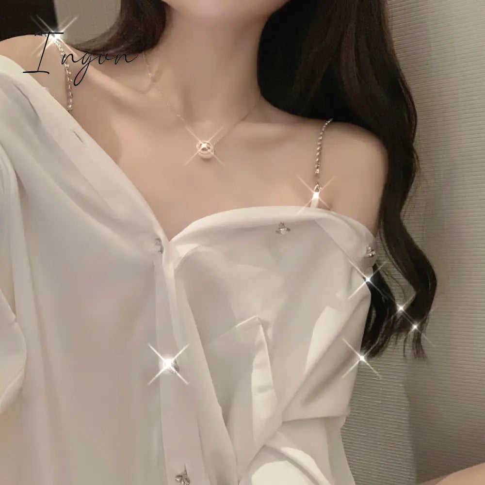 Ingvn - Sexy Off Shoulder Top Women Button Up White Shirt Long Sleeve Chiffon Blouse With Chain