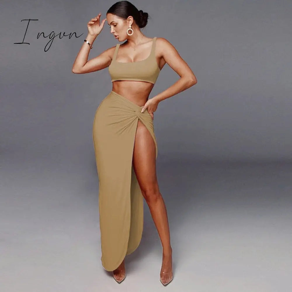Ingvn - Sexy Party 2 Piece Set Women Plus Size Crop Top Twist Side Split Long Skirts Matching Sets