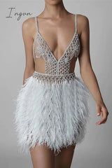 Ingvn - Sexy Party Hollowed Out Feathers V Neck Evening Dress Dresses Dresses/Party
