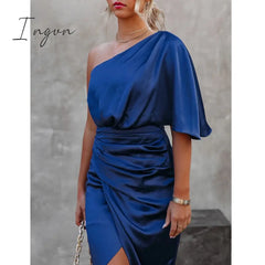 Ingvn - Sexy Party Satin Silk Autumn Winter Dress For Women Short Sleeve One Shoulder High Split