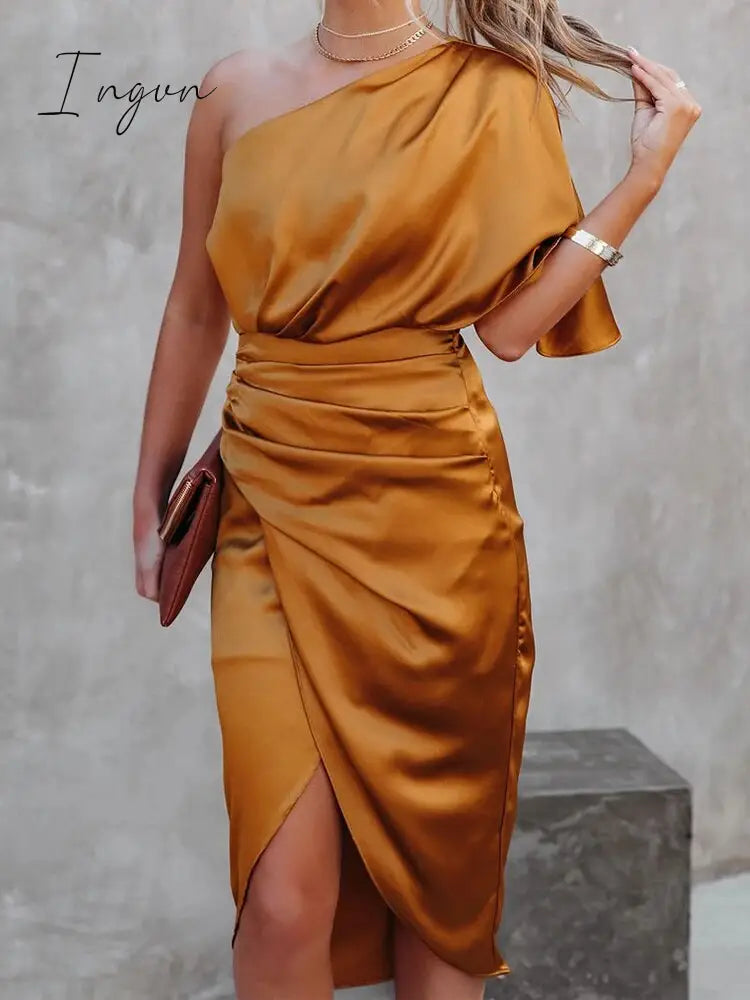 Ingvn - Sexy Party Satin Silk Autumn Winter Dress For Women Short Sleeve One Shoulder High Split