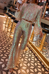 Ingvn - Sexy Patchwork Sequins Half A Turtleneck Long Sleeve Two Pieces Pieces/Two-Piece Pants Set