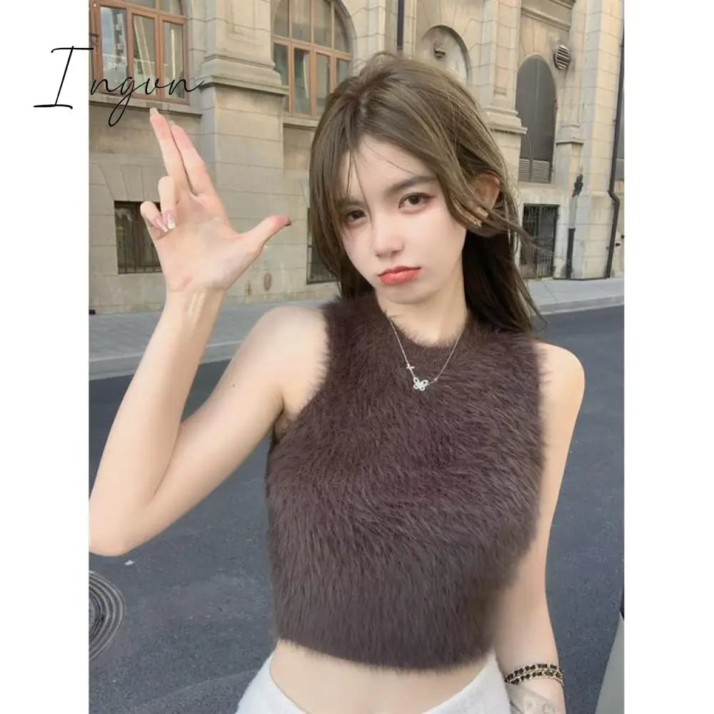 Ingvn - Sexy Plush Crop Tops Women Vintage Y2K Clothes Knitted Tank Top Sleeveless Club Party