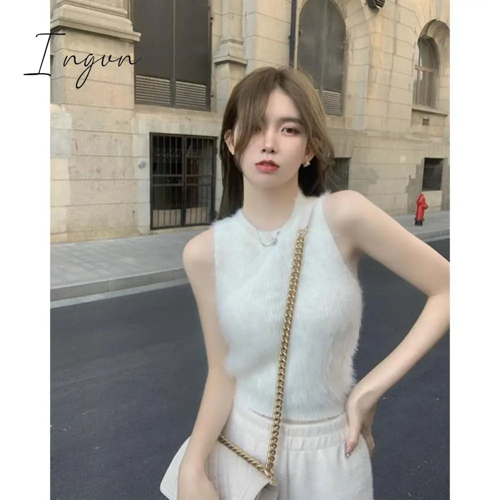 Ingvn - Sexy Plush Crop Tops Women Vintage Y2K Clothes Knitted Tank Top Sleeveless Club Party