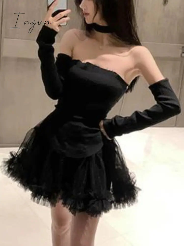 Ingvn - Sexy Pure Color 2 Piece Dress Set Woman Elegant Y2K Mini Casual Korean Fashion Short Party