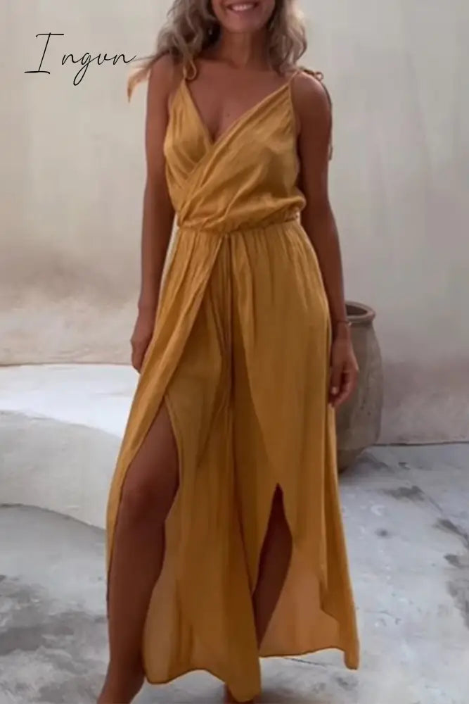 Ingvn - Sexy Simplicity Solid Asymmetrical V Neck Loose Jumpsuits Caramel Colour / S &