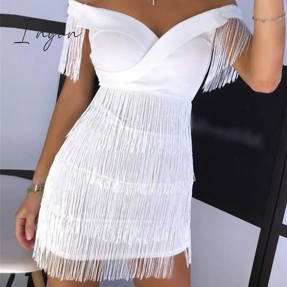 Ingvn - Sexy Sleeveless Bodycon Mini Dress Women White Off Shoulder Tassel Female Short Dresses