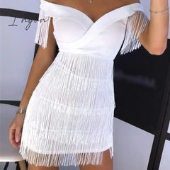 Ingvn - Sexy Sleeveless Bodycon Mini Dress Women White Off Shoulder Tassel Female Short Dresses
