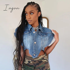 Ingvn - Sexy Sleeveless Single-Breasted Blue Denim Vest Women’s Turn-Down Collar Cut Out Short