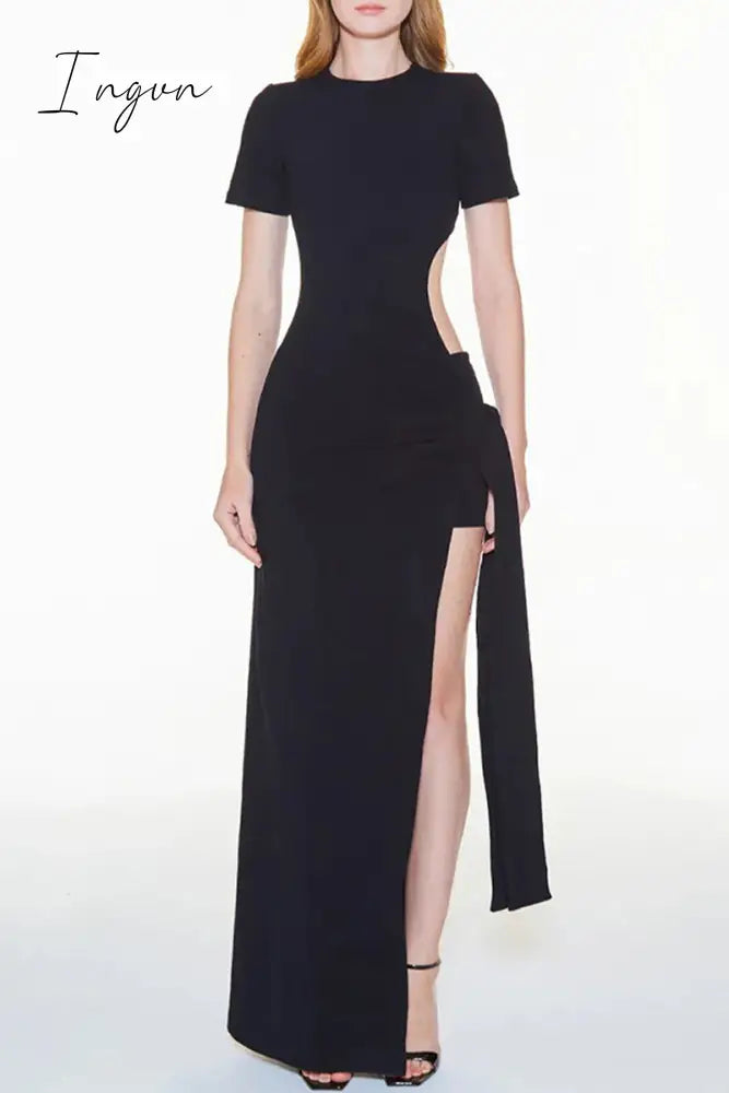 Ingvn - Sexy Solid High Opening Asymmetrical O Neck Irregular Dress Short Sleeve Black / S