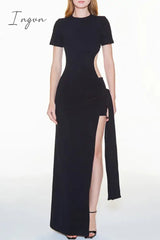 Ingvn - Sexy Solid High Opening Asymmetrical O Neck Irregular Dress Short Sleeve Dresses/Short