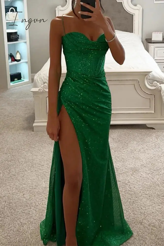 Ingvn - Sexy Solid High Opening Sequined Square Collar Evening Dress Dresses Green / S