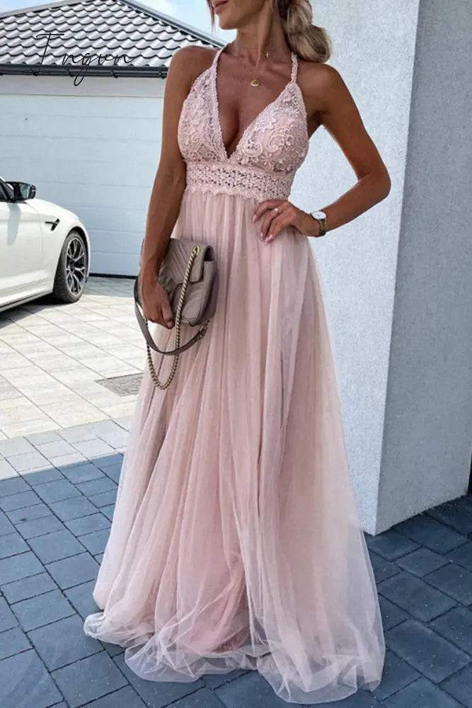 Ingvn- Sexy Solid Lace Mesh V Neck Evening Dress Dresses Pink / S Dresses/Party And Cocktail