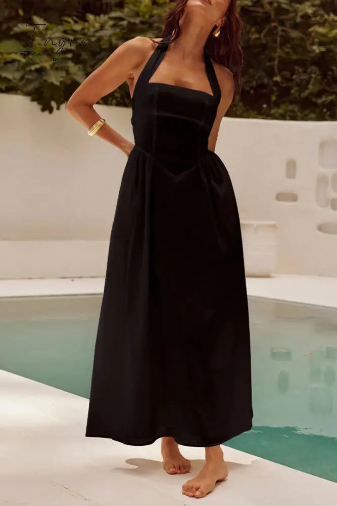 Ingvn - Sexy Solid Pocket Fold Halter Sleeveless Dresses Black / S Dresses/Casual
