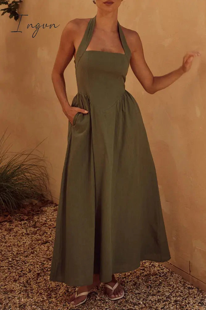 Ingvn - Sexy Solid Pocket Fold Halter Sleeveless Dresses Ink Green / S Dresses/Casual