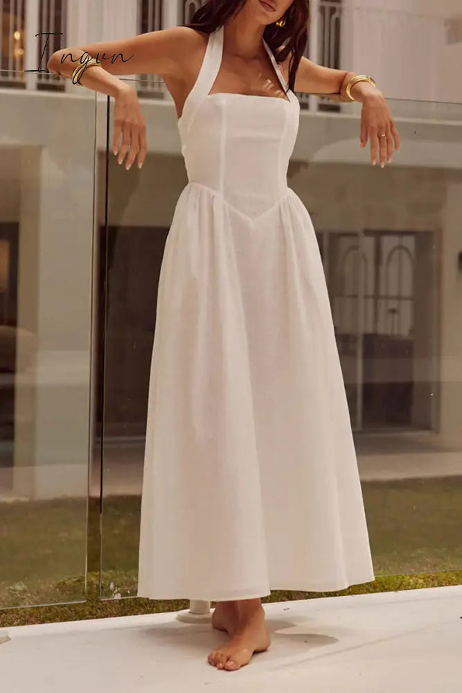 Ingvn - Sexy Solid Pocket Fold Halter Sleeveless Dresses White / S Dresses/Casual