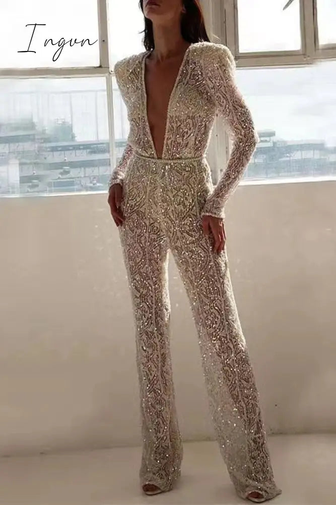 Ingvn - Sexy Solid See-Through Sequined V Neck Regular Jumpsuits & Rompers/Jumpsuits