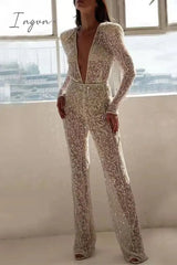 Ingvn - Sexy Solid See-Through Sequined V Neck Regular Jumpsuits White / S & Rompers/Jumpsuits