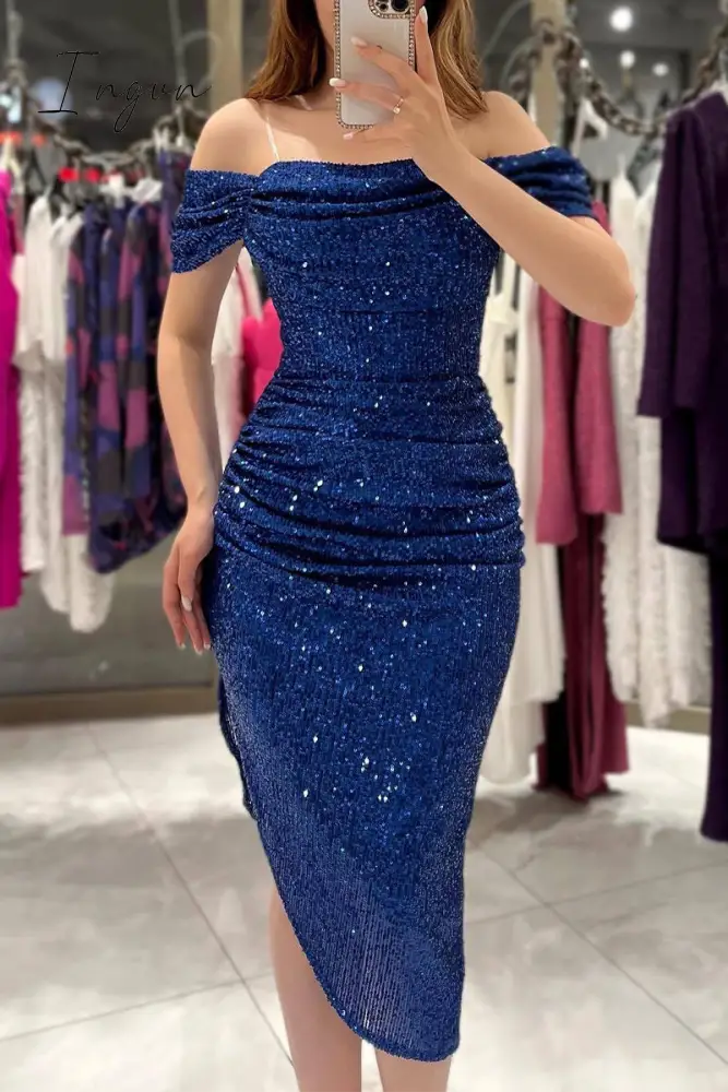 Ingvn - Sexy Solid Sequins Slit Off The Shoulder Evening Dress Dresses Blue / S Dresses/Party And
