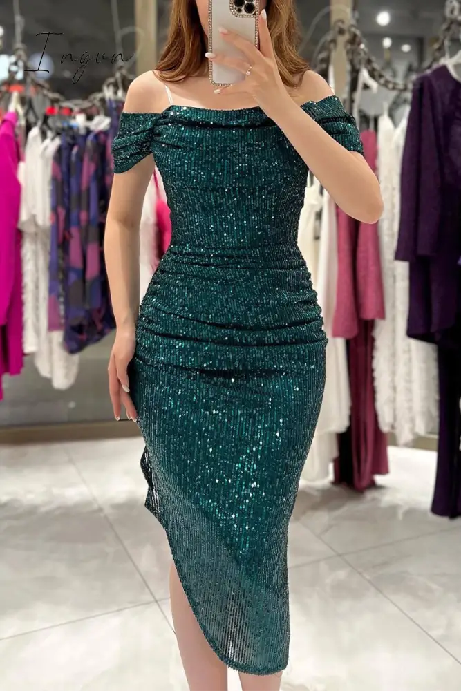 Ingvn - Sexy Solid Sequins Slit Off The Shoulder Evening Dress Dresses Ink Green / S Dresses/Party