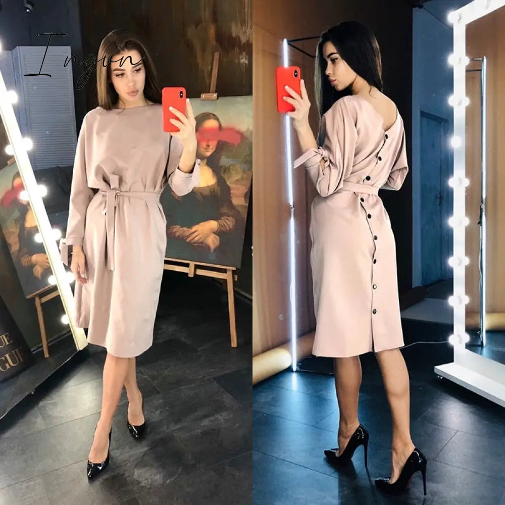 Ingvn - Sexy V Neck Autumn Long Sleeve Women Dress Ladies Sashes Button Casual Office New Fashion