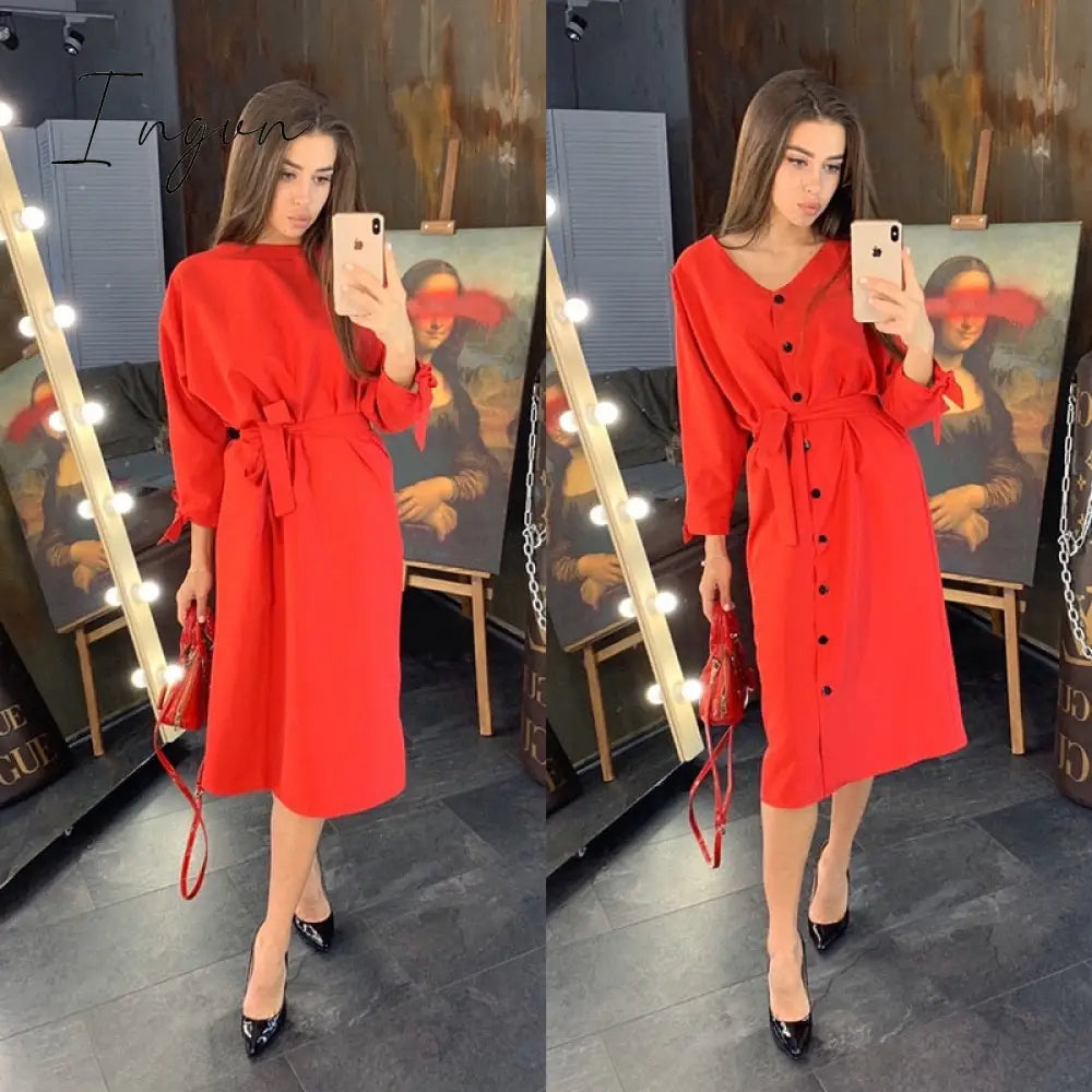Ingvn - Sexy V Neck Autumn Long Sleeve Women Dress Ladies Sashes Button Casual Office New Fashion