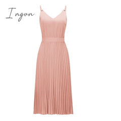 Ingvn - Sexy Women Summer Dress Spaghetti Strap V - Neck Pink Female Pleated Midi Casual Office
