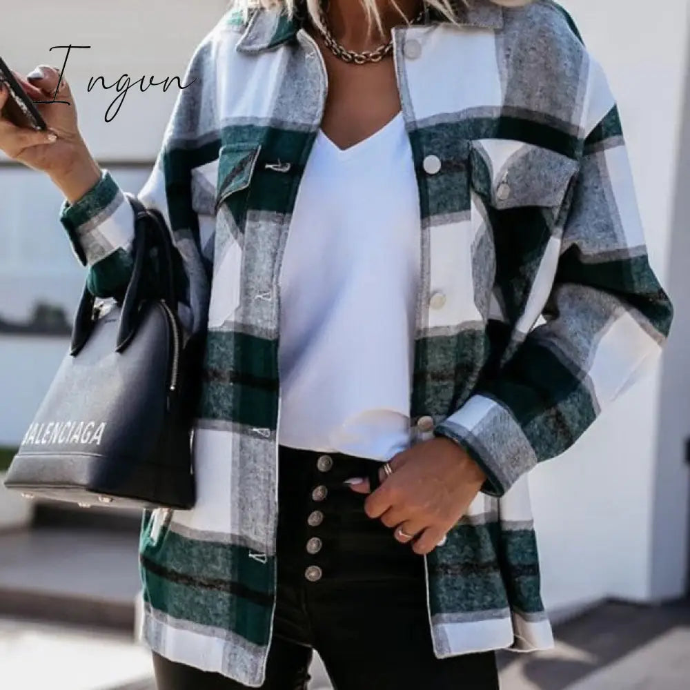 Ingvn - Shirts For Women Plaid Long Sleeve Button Up Shirt Collared Tops And Blouse Autumn Spring