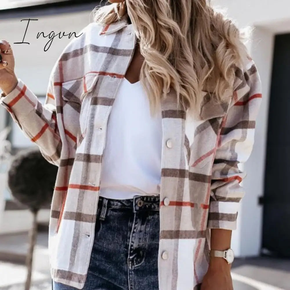 Ingvn - Shirts For Women Plaid Long Sleeve Button Up Shirt Collared Tops And Blouse Autumn Spring