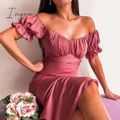 Ingvn - Short Sleeve Bodycon Beach Dresses High Waist A-Line Ladies Party Vestidos Elegant Solid