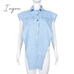 Ingvn - Side Hollow Out Denim Shoulder Length Vest Sexy Irregular Long Tops Shirt Collar