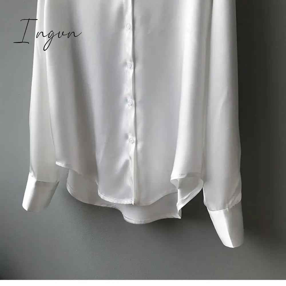 Ingvn - Silk Korean Office Ladies Elegant Shirt Blouse Women Fashion Button Up Satin Vintage White