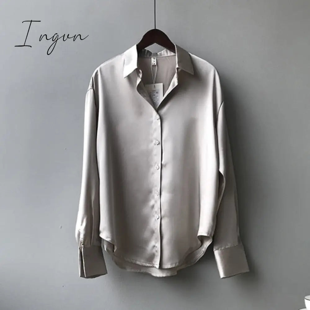 Ingvn - Silk Korean Office Ladies Elegant Shirt Blouse Women Fashion Button Up Satin Vintage White