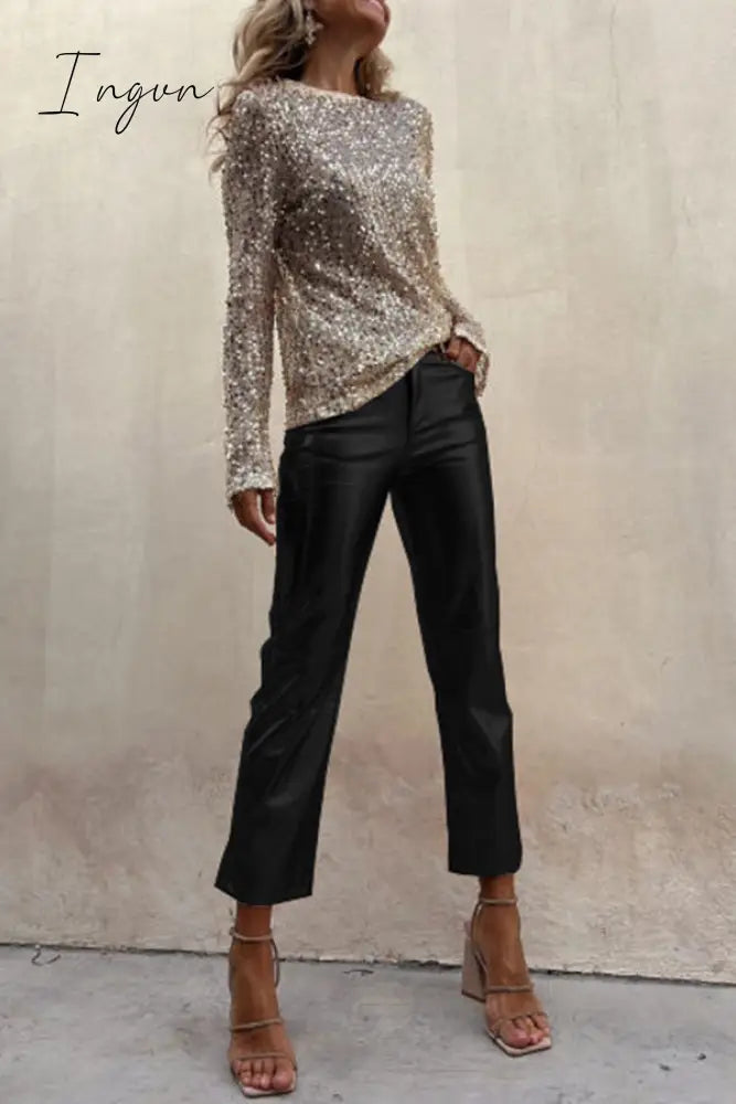 Ingvn - Sinclair Metallic Faux Leather High Rise Pocketed Straight Pants Black / S Bottoms
