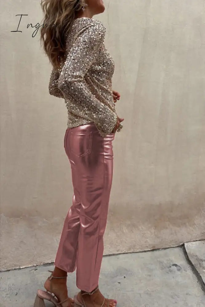 Ingvn - Sinclair Metallic Faux Leather High Rise Pocketed Straight Pants Bottoms