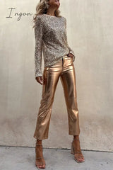 Ingvn - Sinclair Metallic Faux Leather High Rise Pocketed Straight Pants Gold / S Bottoms