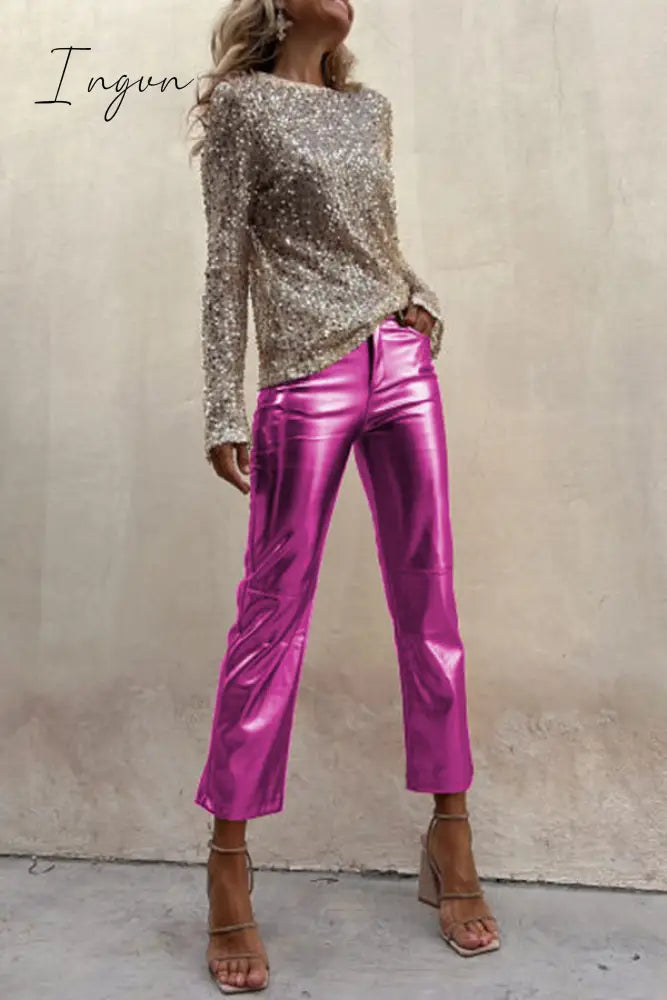 Ingvn - Sinclair Metallic Faux Leather High Rise Pocketed Straight Pants Rose Red / S Bottoms