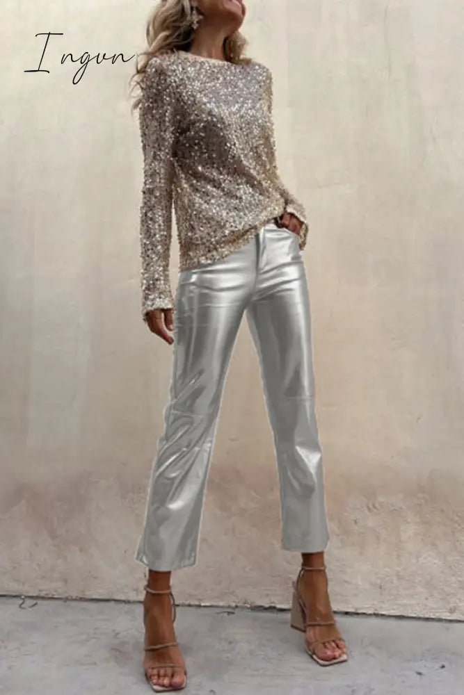 Ingvn - Sinclair Metallic Faux Leather High Rise Pocketed Straight Pants Silver / S Bottoms