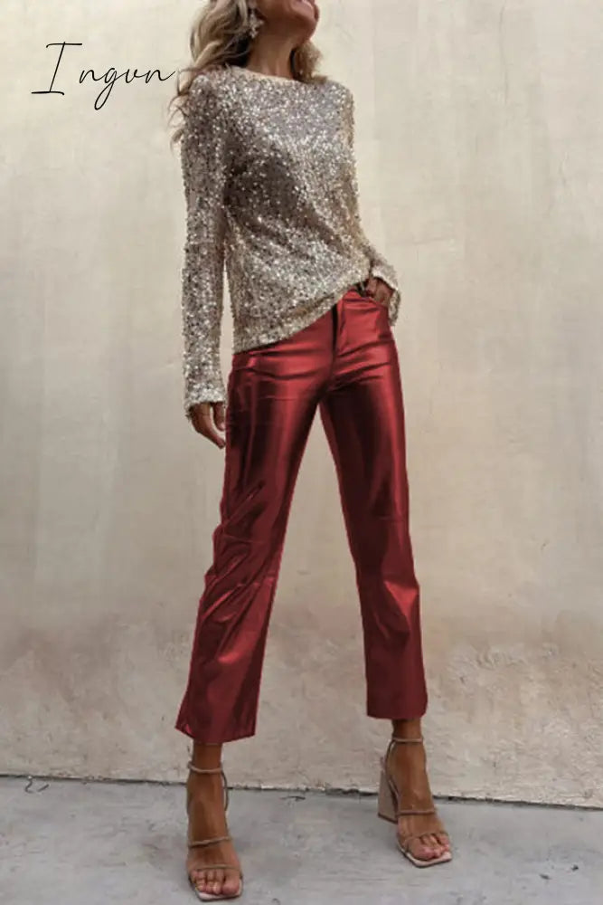 Ingvn - Sinclair Metallic Faux Leather High Rise Pocketed Straight Pants Wine Red / S Bottoms