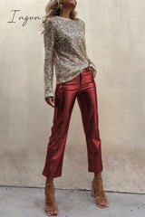 Ingvn - Sinclair Metallic Faux Leather High Rise Pocketed Straight Pants Wine Red / S Bottoms