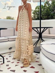 Ingvn - Sleeveless Halter Maxi Summer Dress For Women Fashion Ruffle Beach Long Robe Elegant Slip