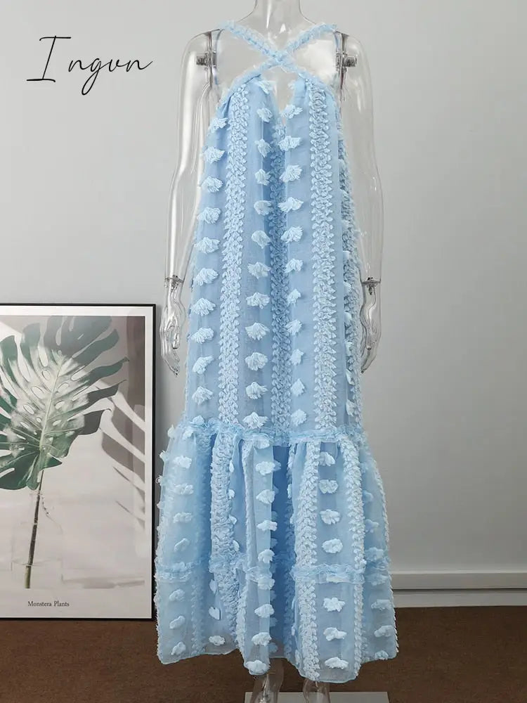 Ingvn - Sleeveless Halter Maxi Summer Dress For Women Fashion Ruffle Beach Long Robe Elegant Slip