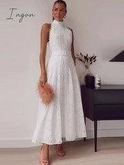 Ingvn - Sleeveless Hollow Out White Belt Long Dress High Waist X-Shaped Half Collar Elegant Office