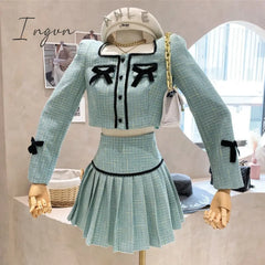 Ingvn - Small Fragrance Tweed 2 Piece Set Women Bow Short Jacket Coat + Skirt Suits Korean Sweet