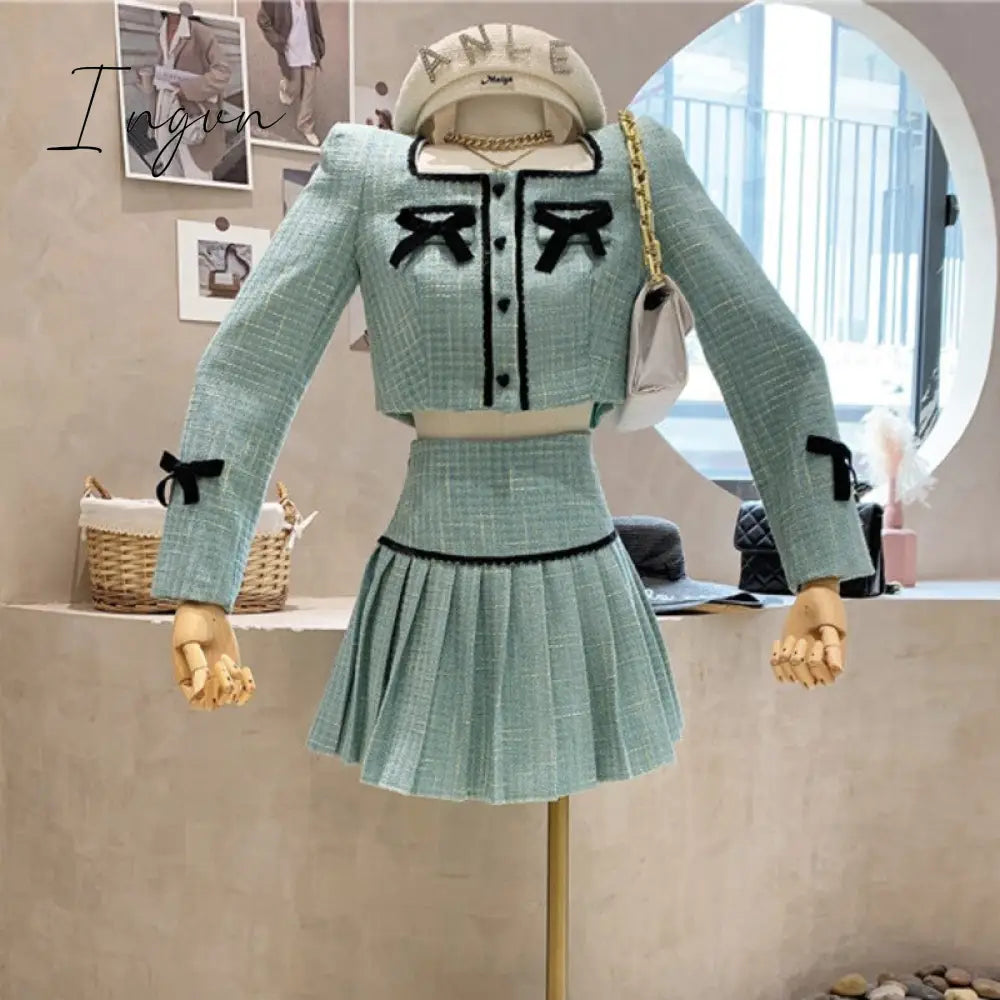 Ingvn - Small Fragrance Tweed 2 Piece Set Women Bow Short Jacket Coat + Skirt Suits Korean Sweet