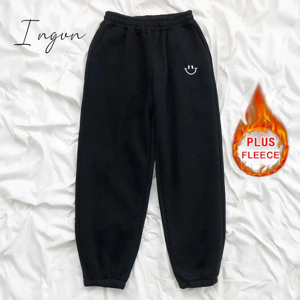 Ingvn - Smiley Face Embroidery Sweatpants A Plus Fleece Black / S