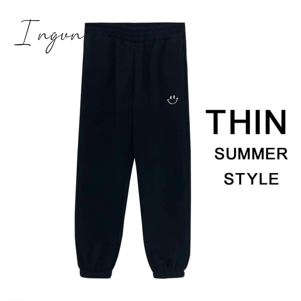 Ingvn - Smiley Face Embroidery Sweatpants A Thin Black / S