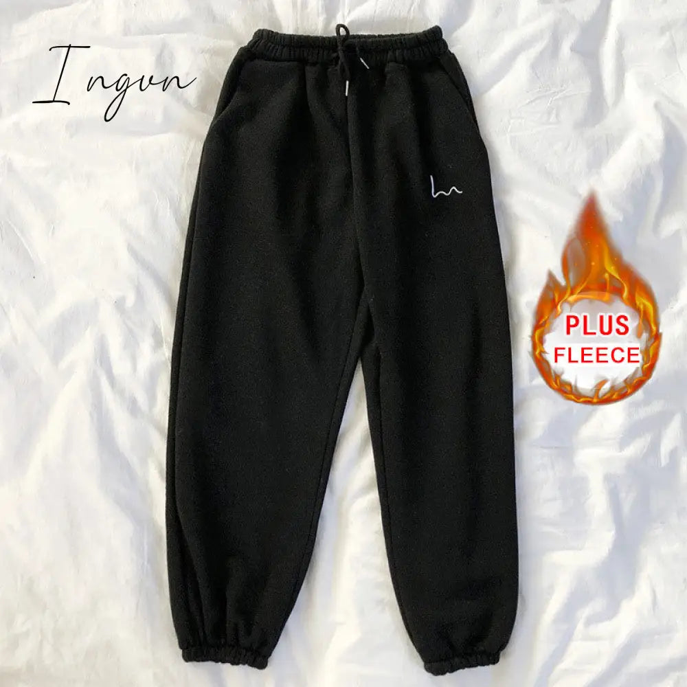 Ingvn - Smiley Face Embroidery Sweatpants As Plus Fleece Black / S