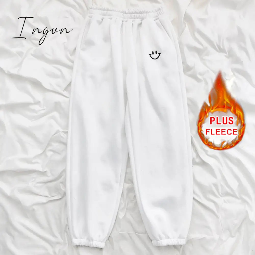 Ingvn - Smiley Face Embroidery Sweatpants C Plus Fleece White / S